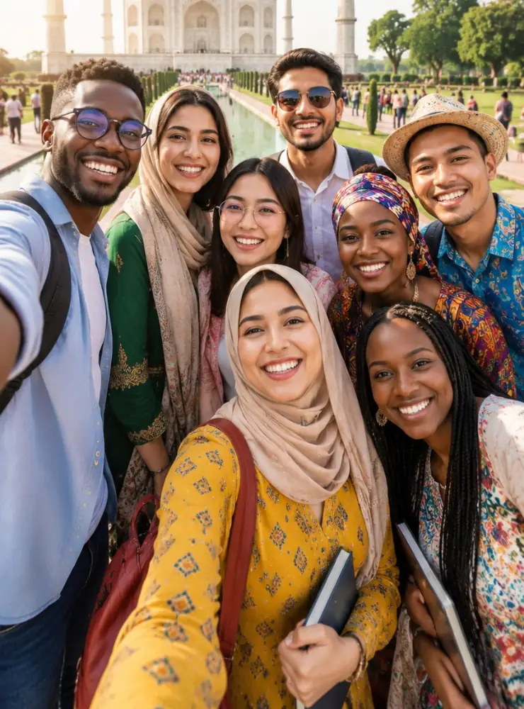 International students in front of the Taj Mahal